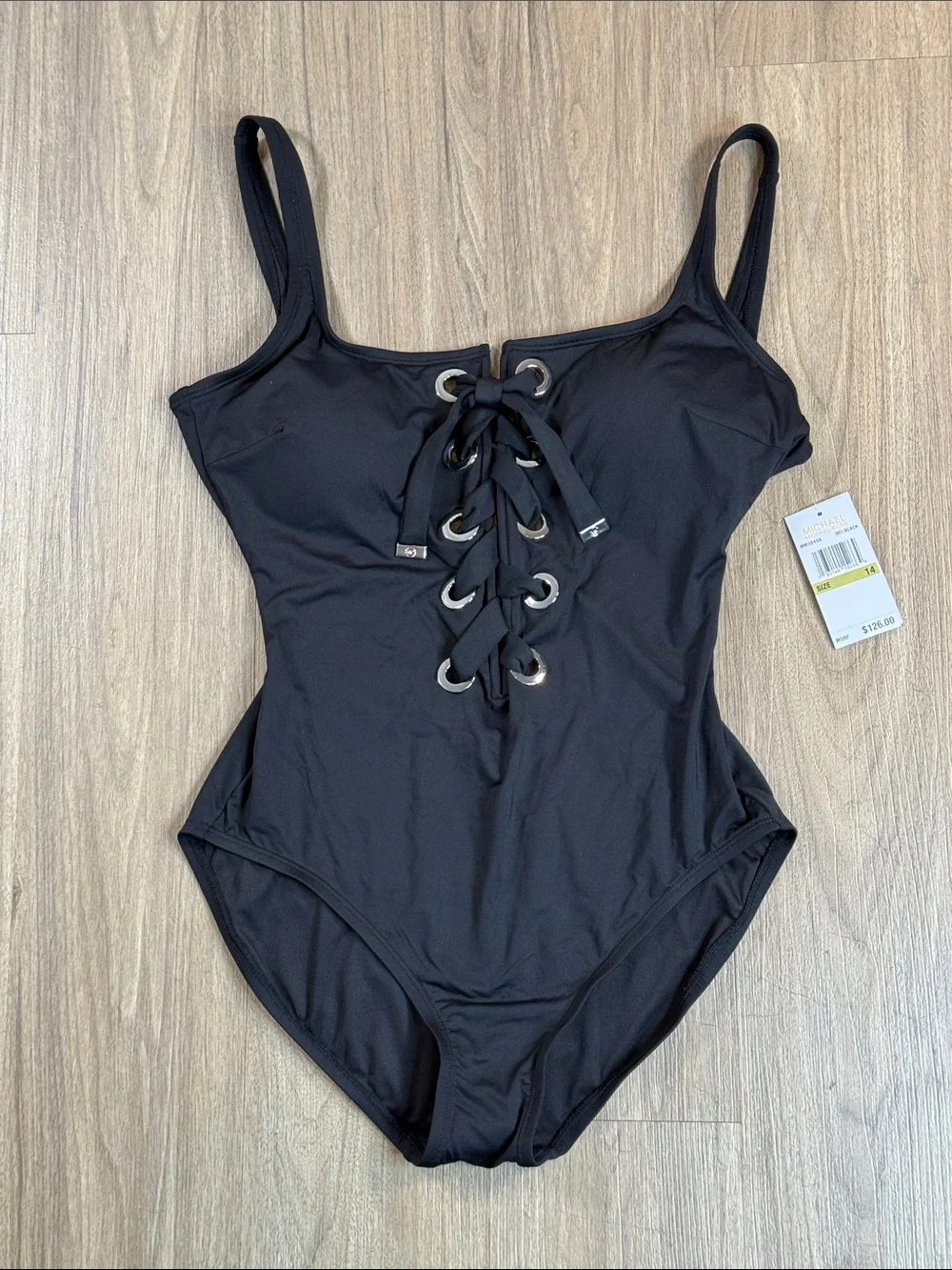 Michael Kors Black Lace-Up One-Piece Swimsuit - Silver Accents, Size 14